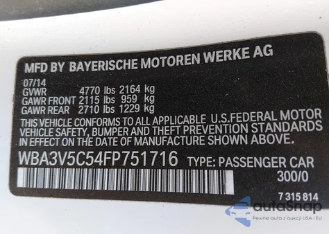 2015 BMW 428I from USA, damaged, VIN WBA3V5C54FP751716